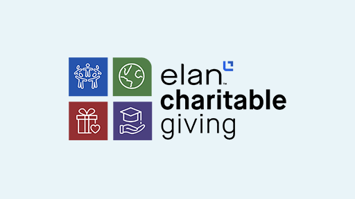 Elan Charitble Giving logo on a light blue background. 